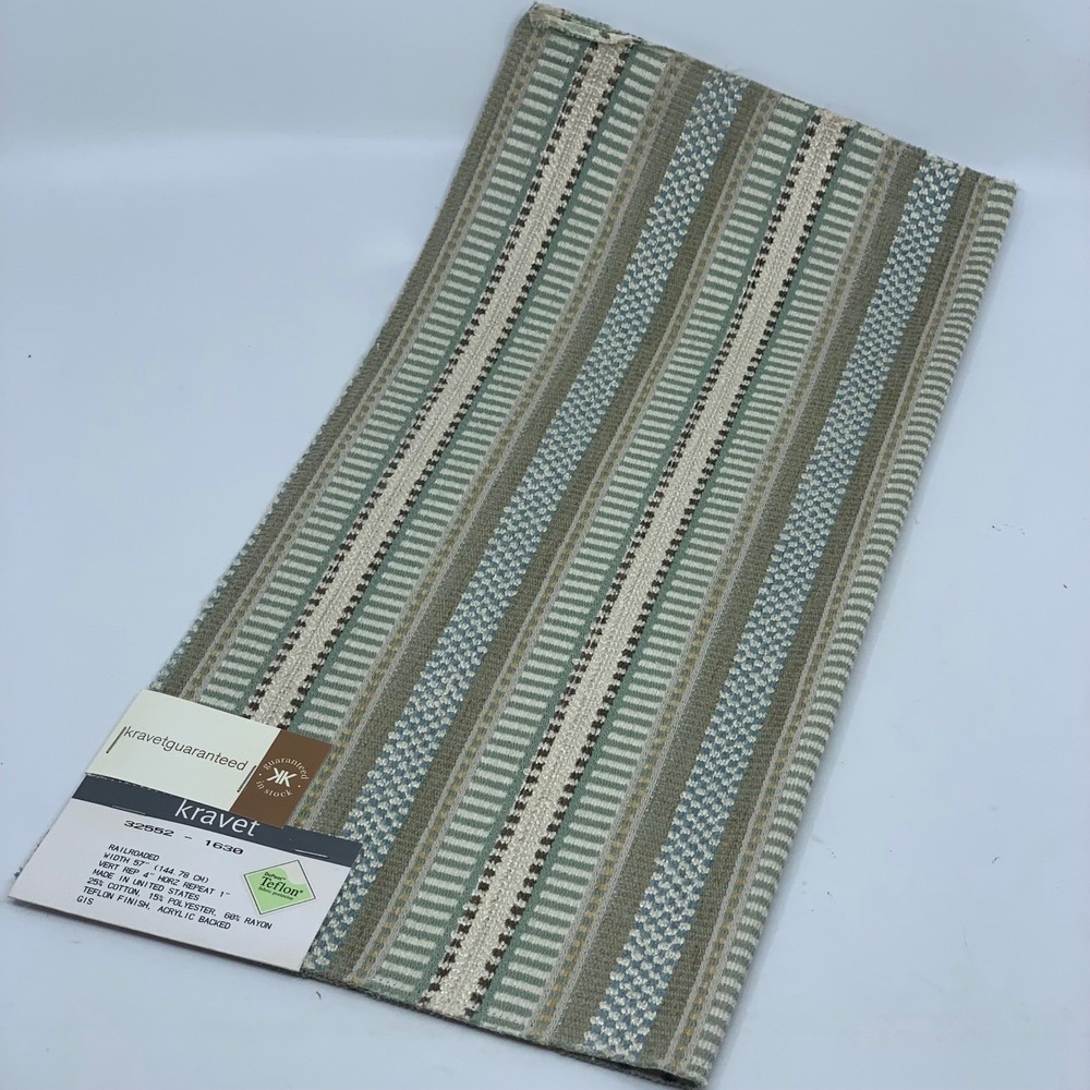 Kravet Fabric Sample Teal Green Beige Striped Woven Heavy Duty Textured‎ Remnant